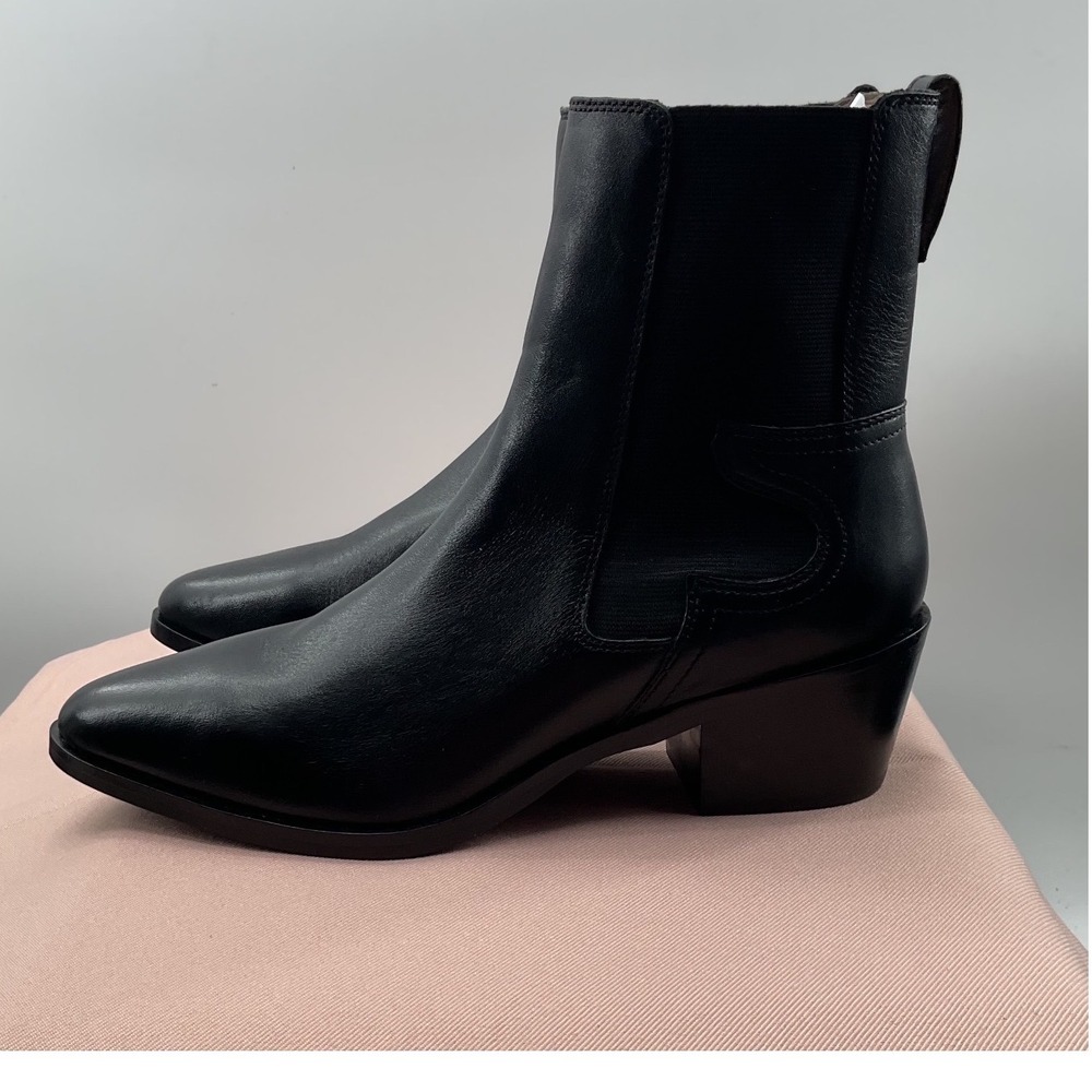AllSaints Kara Black Leather Western Chelsea Boots Pointed Toe Block Heel Womens